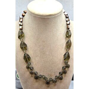 Brown & Green Beaded Necklace With Iridescent Shell Accents And Adjustable Metal